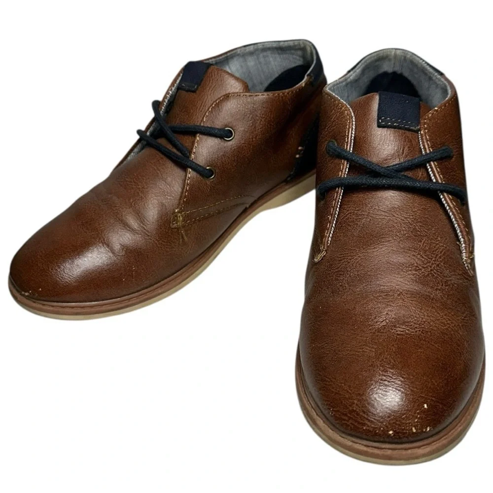 Max + Jake Size 5 Brown Navy Blue Faux Leather Damian Bennett Chukka Dress Boots